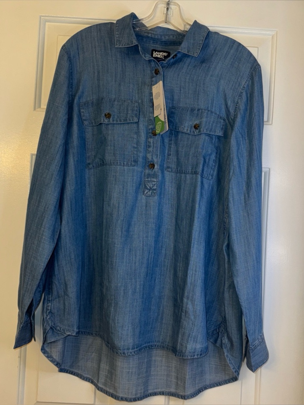 Lands' End Women's Long Sleeve TENCEL Lyocell Popover Top Denim Size XL/18 NWT